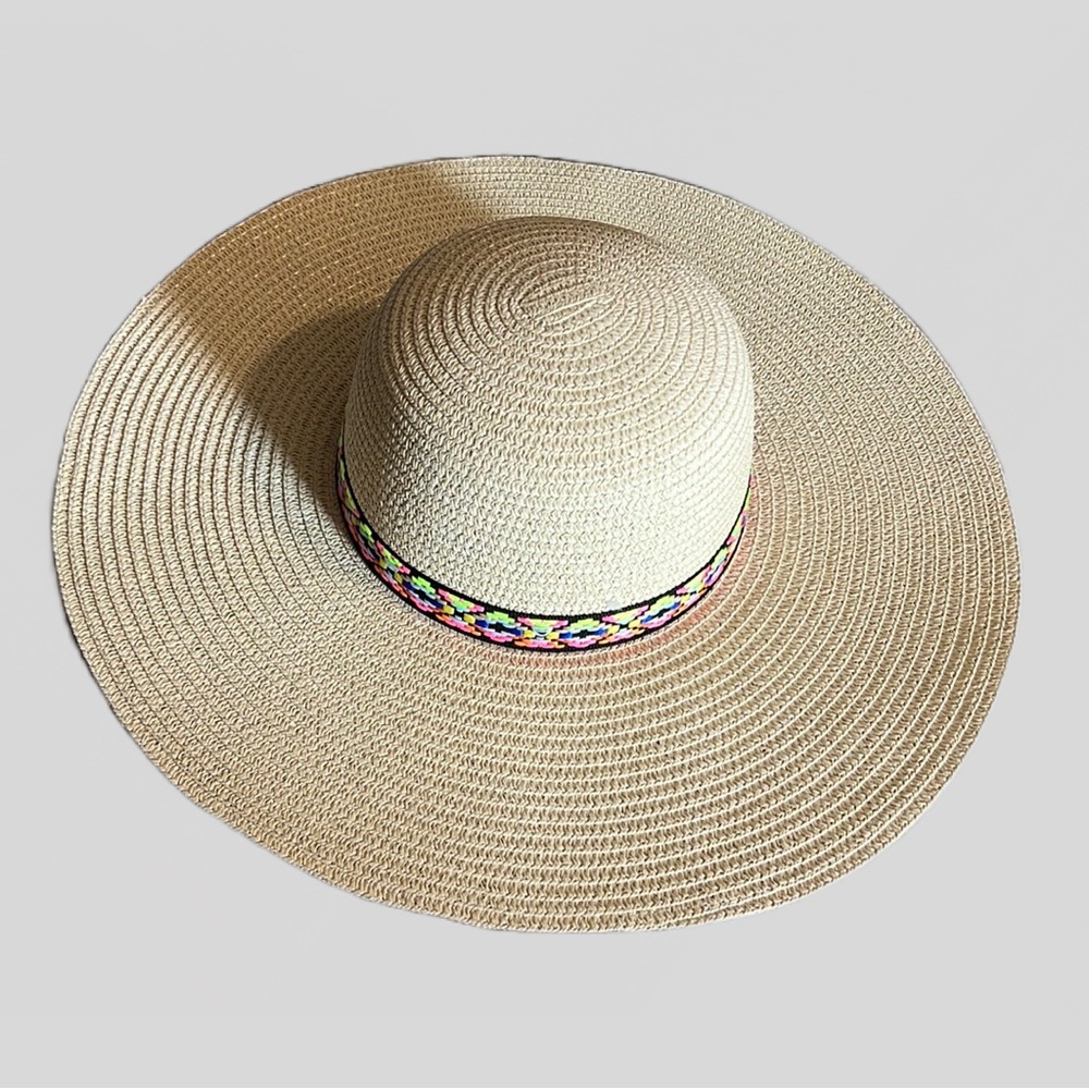 Women's Floppy Straw Sunhat One Size Beach Pool Cruise Rainbow Aztec Ribbon